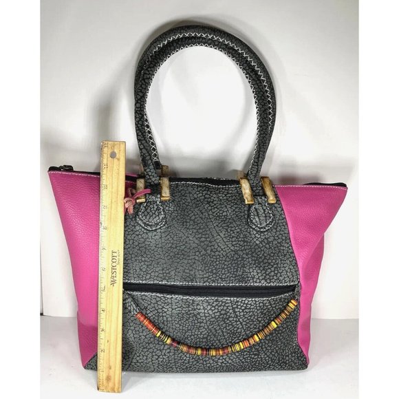 African Lily Pink and Gray Leather Tote Bag - Picture 12 of 16